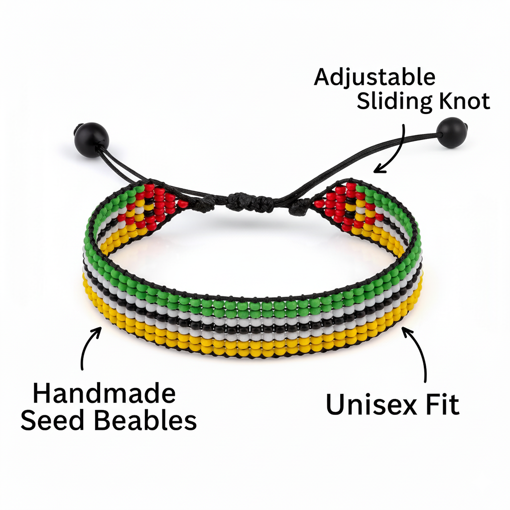 Mozambique Flag Bracelet: Beaded, Adjustable, Boho Style Rope Bracelet for Women & Men