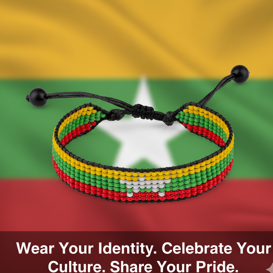 Myanmar Flag Armband: Handgefertigt, verstellbar, Unisex Boho Stil Seilarmband