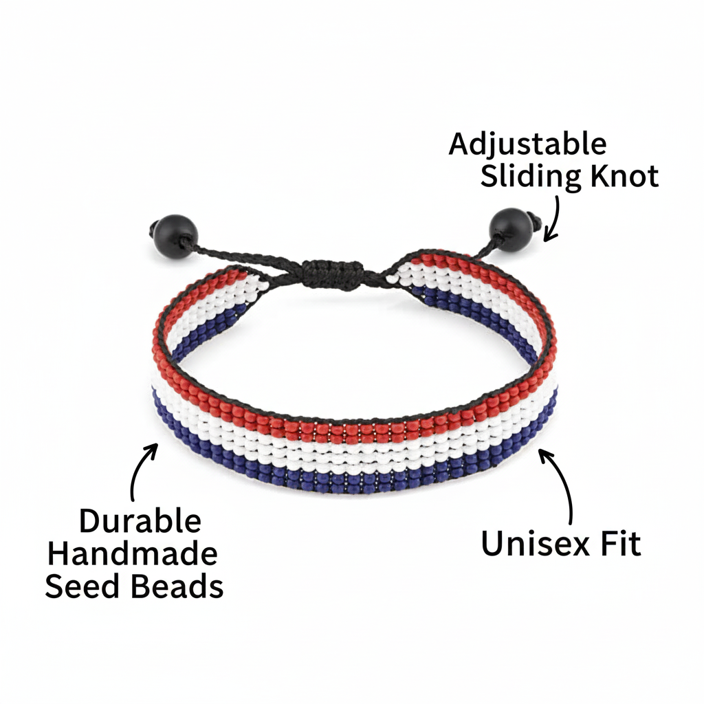 Netherlands Flag Bracelet: Handmade, Adjustable Boho-Style Rope with Patriotic Design