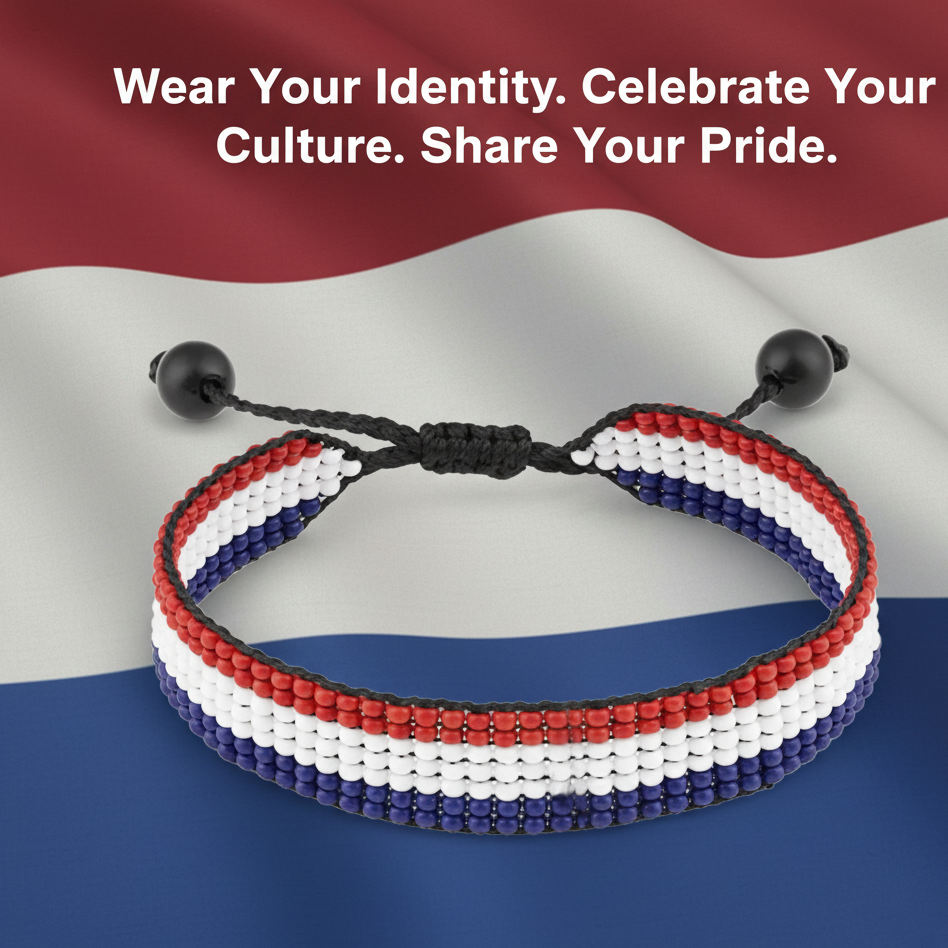 Armband mit niederländischer Flagge: Handgefertigt, verstellbar, Boho-Stil, mit patriotischem Design