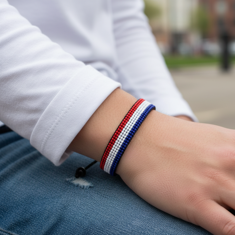 Armband mit niederländischer Flagge: Handgefertigt, verstellbar, Boho-Stil, mit patriotischem Design