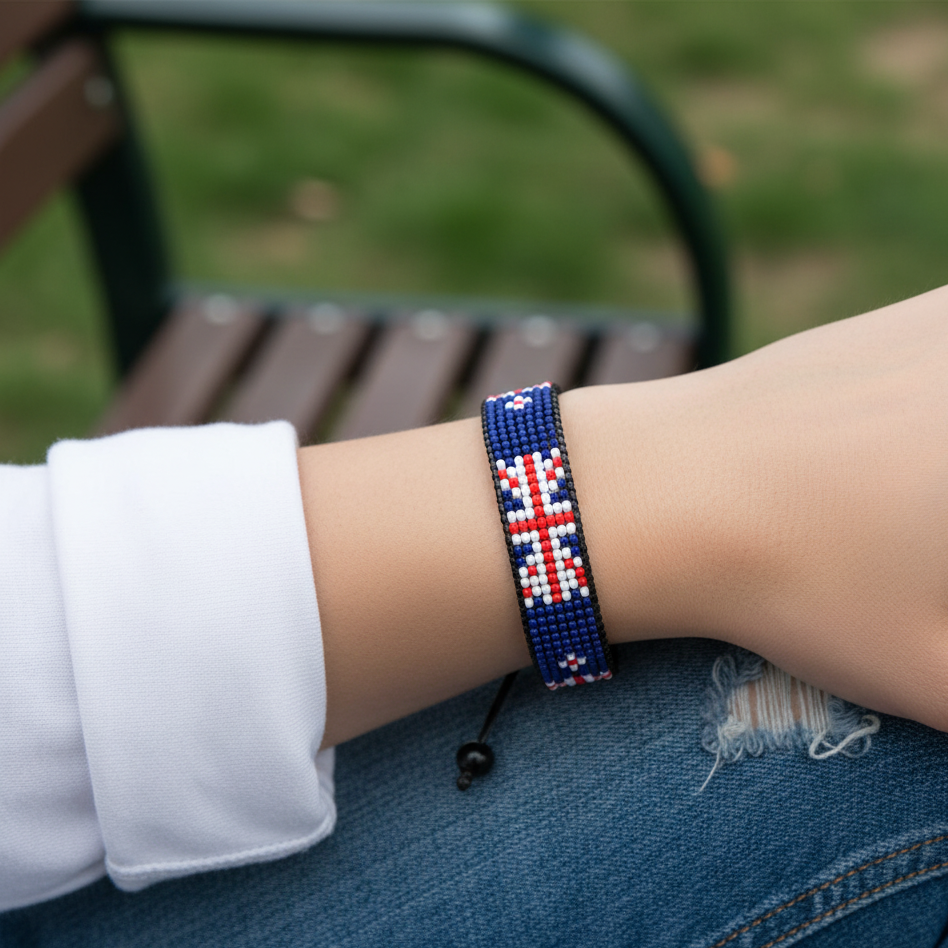 Bracelet drapeau Nouvelle-Zélande : Fait à la main avec un cordon de perles réglable, bijou unisexe style bohème