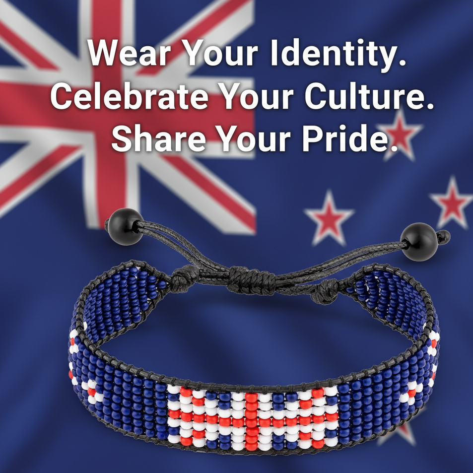 Bracelet drapeau Nouvelle-Zélande : Fait à la main avec un cordon de perles réglable, bijou unisexe style bohème