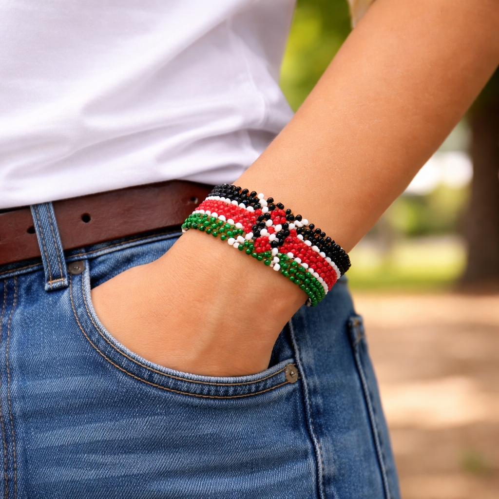 Beaded Kenya Bracelets for Men & Women - Non-Elastic Threaded Glass Beaded Bracelets -Handmade Waterproof Kenya Flag Beaded Bracelet