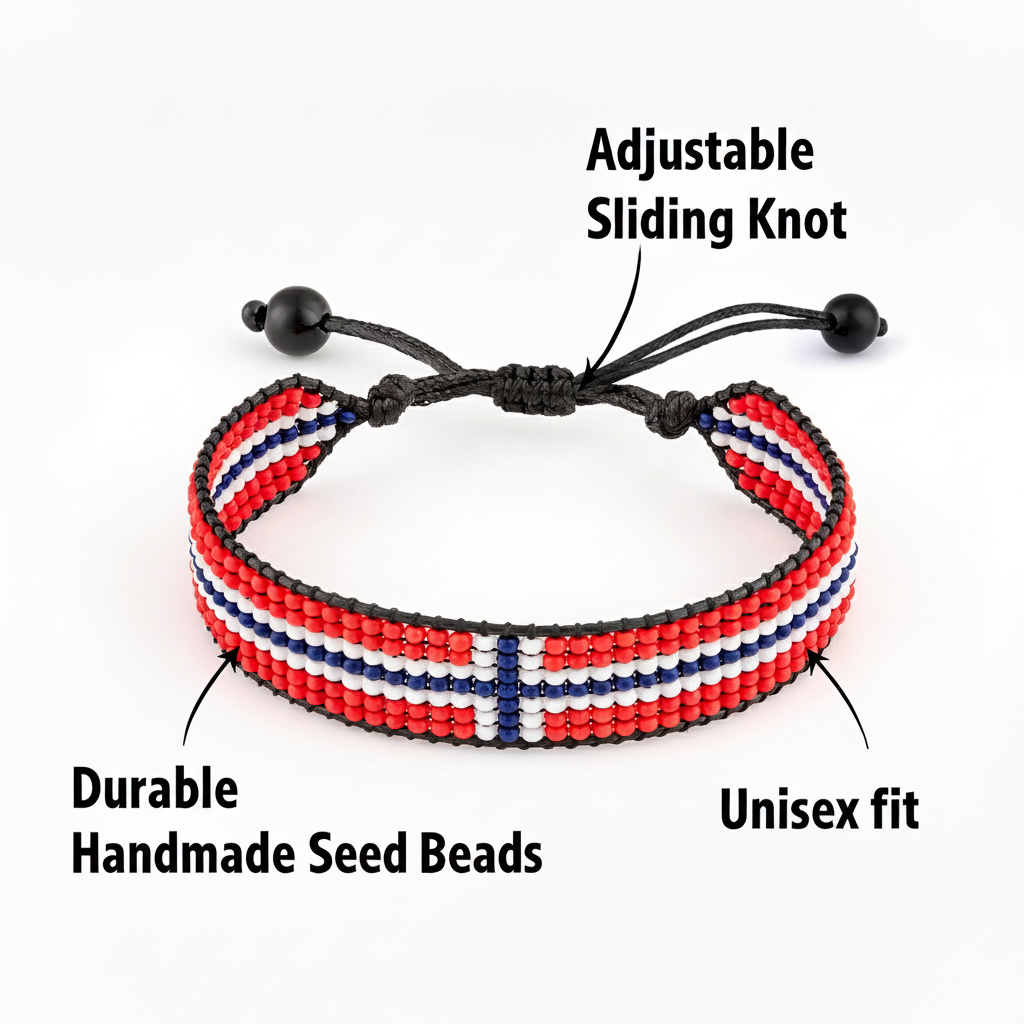 Norway Flag Bracelet: Adjustable Beaded String, Unisex Boho, Patriotic Gift.