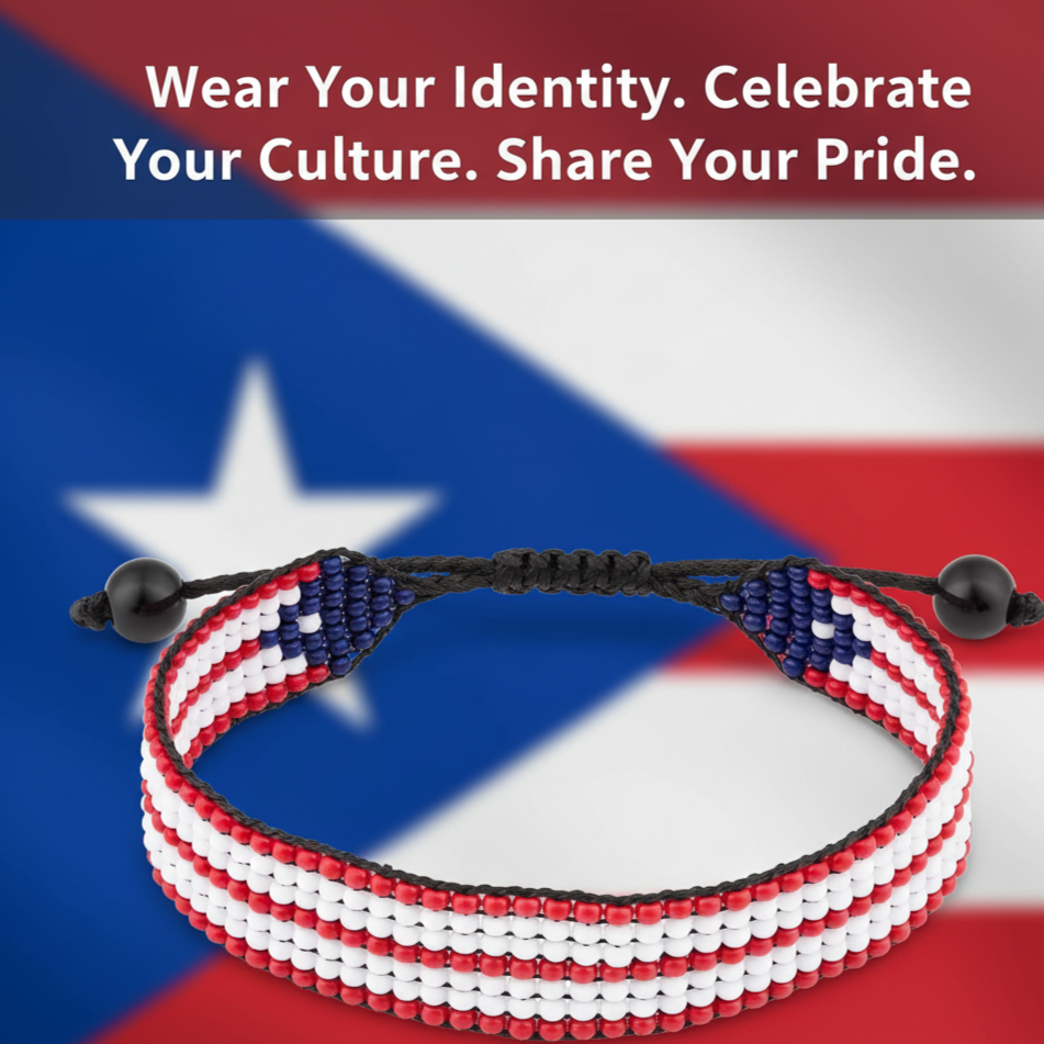 Puerto Rico Flag Bracelet: Handmade, Adjustable Beaded Boho-Style with Patriotic Design