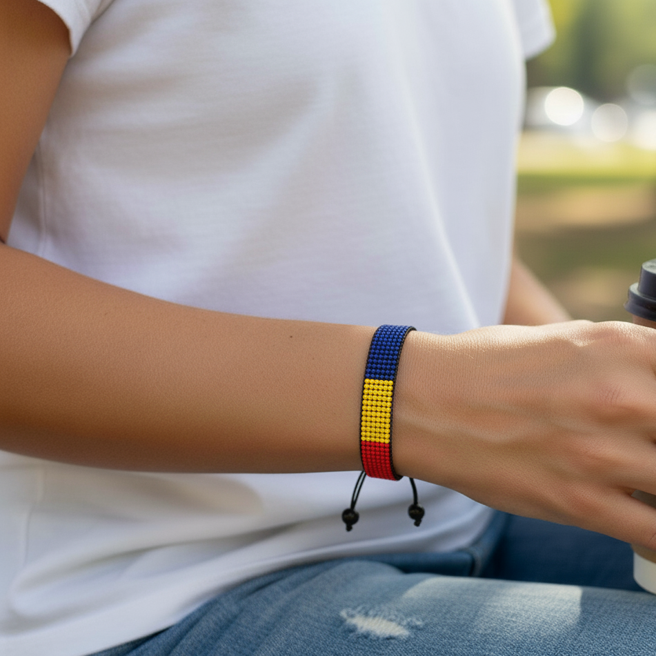Romania Flag Bracelet: Handmade, Adjustable Beaded Boho-Style Bracelet with Patriotic Design