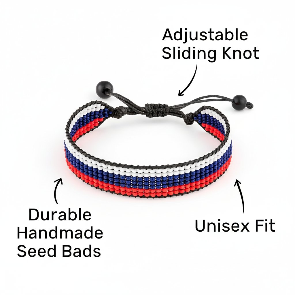 Russia Flag Bracelet: Handmade, Adjustable Beaded Unisex Boho-Style Jewelry