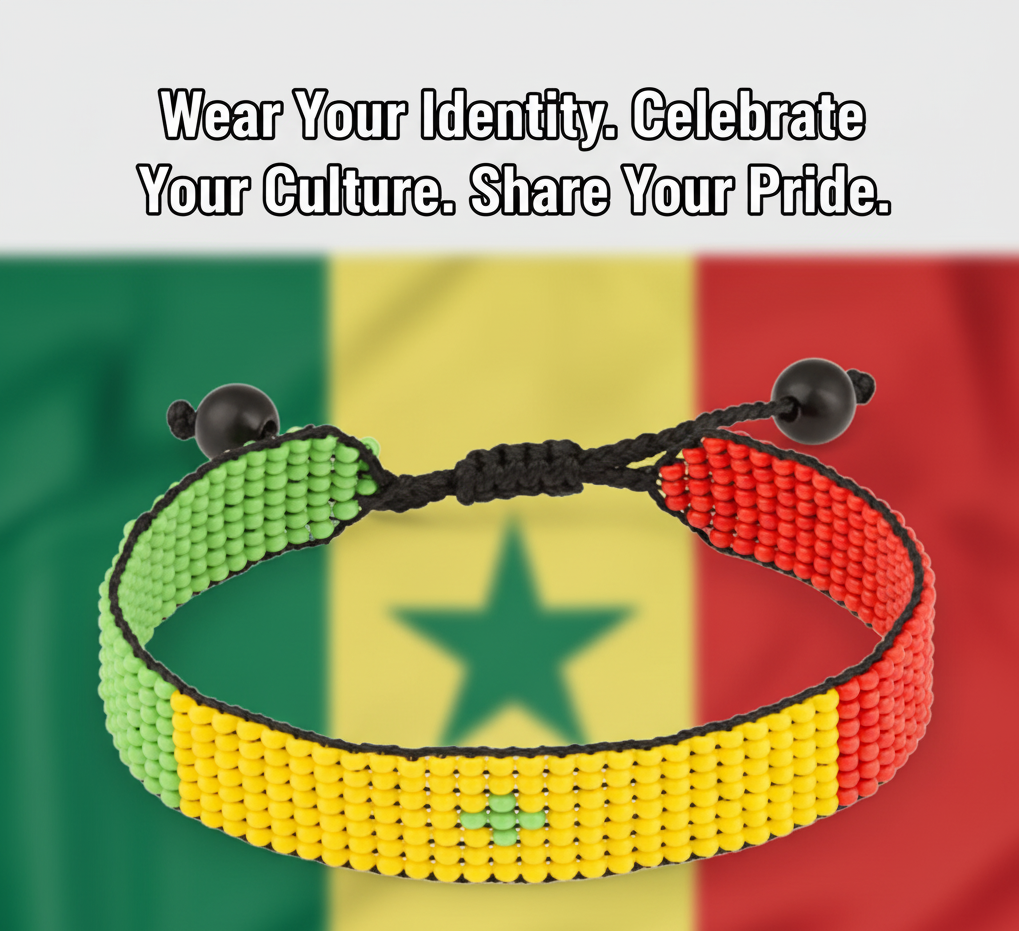 Senegal Flag Bracelet: Handmade, Adjustable Beaded Boho-Style Bracelet with Patriotic Design