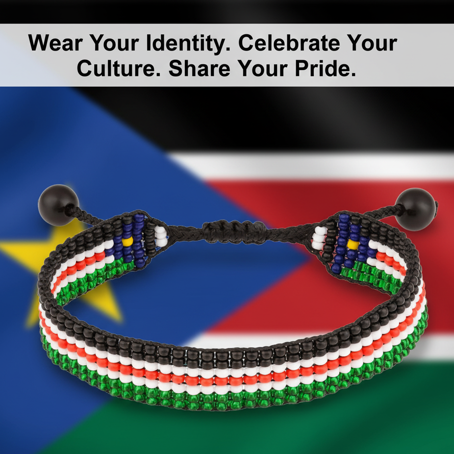 Südsudan-Flaggenarmband: Handgefertigtes, verstellbares Perlenarmband im Boho-Stil mit patriotischem Design