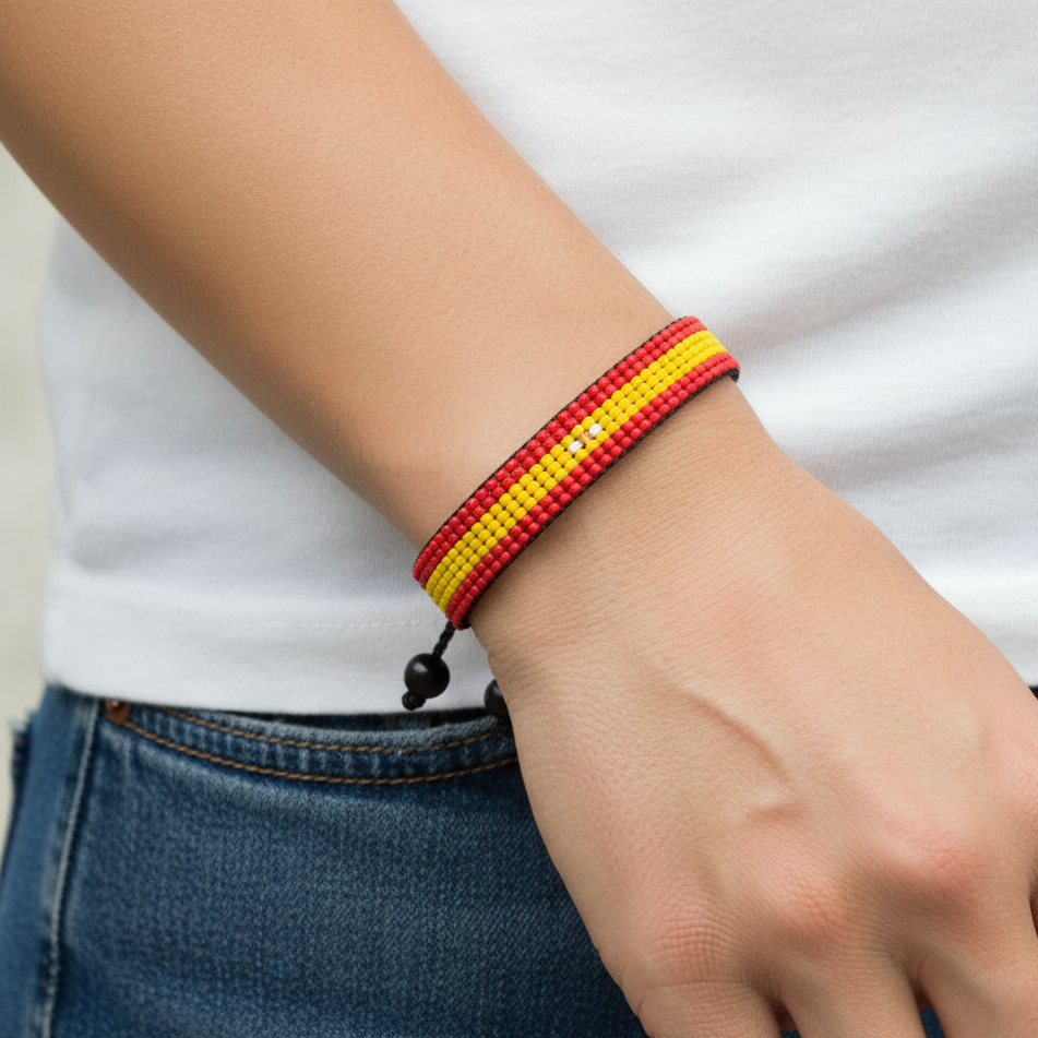 Spanien Flaggen Armband: Handgefertigtes, verstellbares Perlenarmband im Unisex Boho-Stil mit patriotischem Design