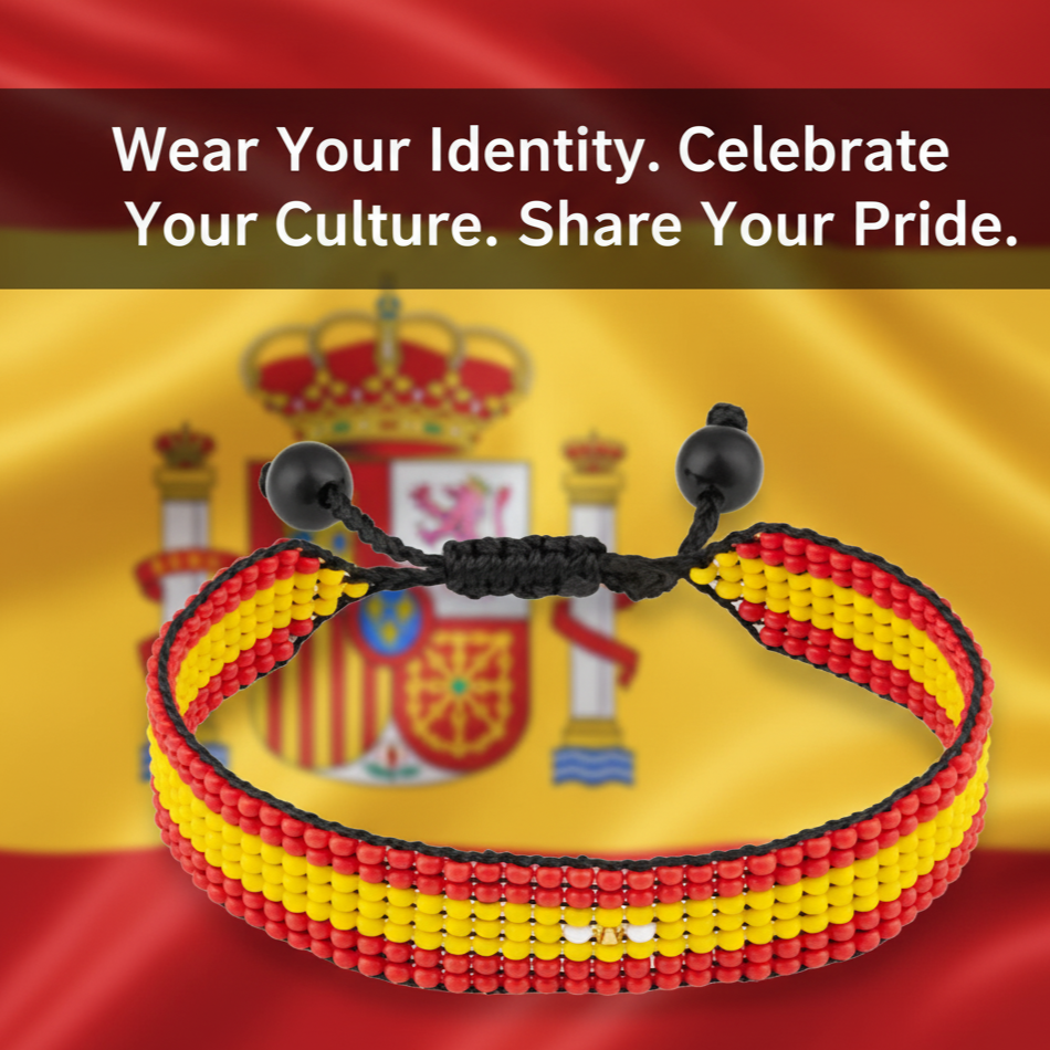 Spanien Flaggen Armband: Handgefertigtes, verstellbares Perlenarmband im Unisex Boho-Stil mit patriotischem Design