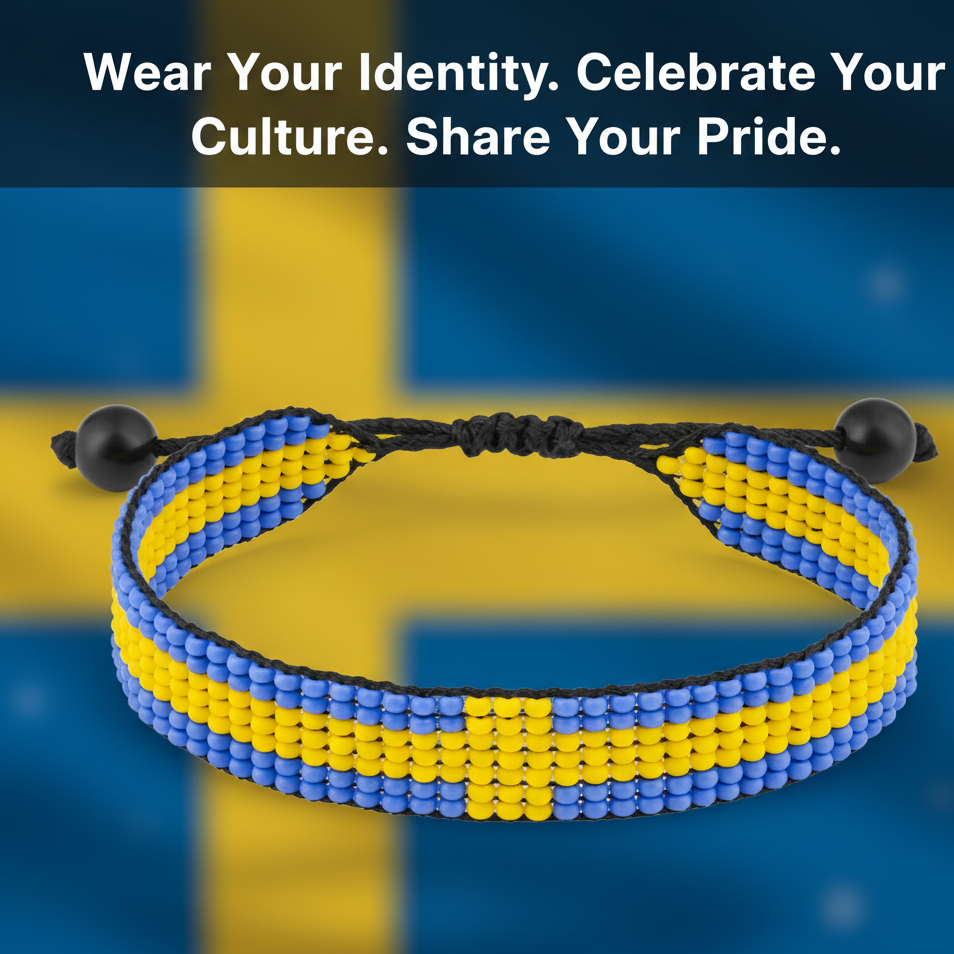 Schweden Flaggen Armband: Handgemachter, verstellbarer Perlen-Boho-Schmuck mit patriotischem Design