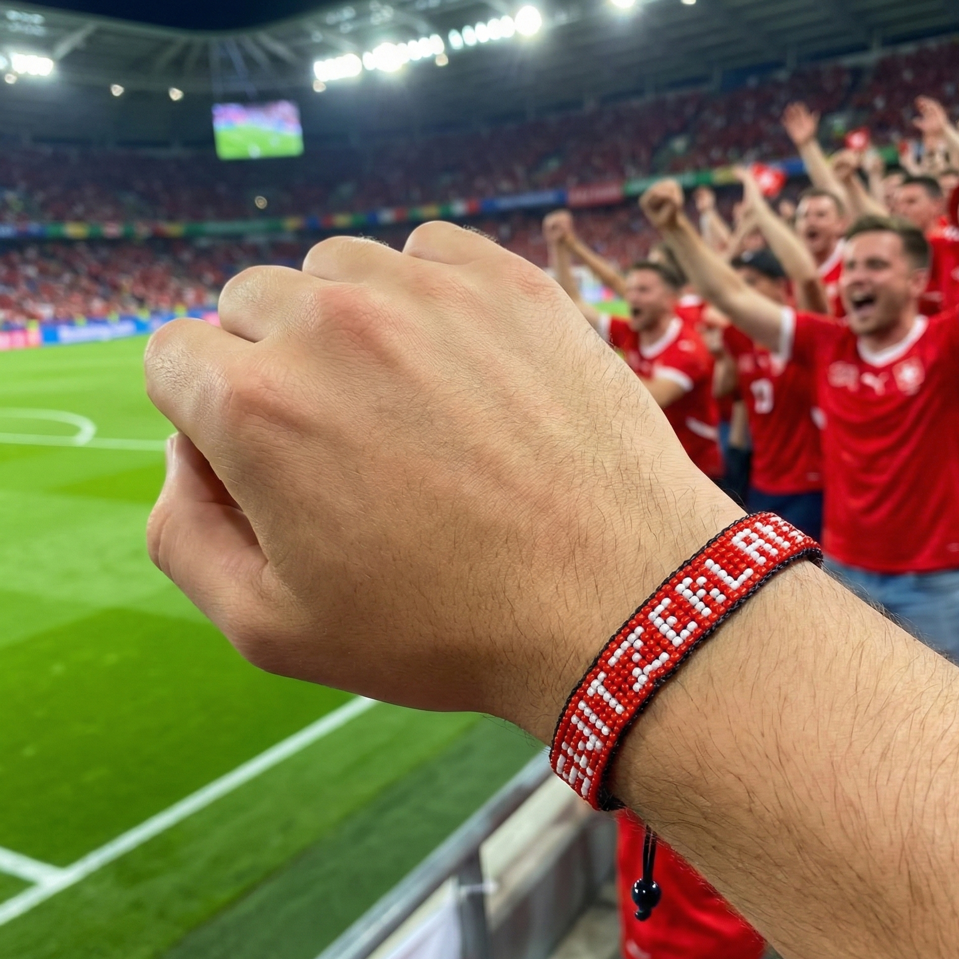 WM 2026 Schweiz Perlenarmband mit Flagge – Handgefertigt & Verstellbar