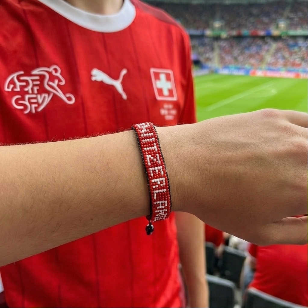 WM 2026 Schweiz Perlenarmband mit Flagge – Handgefertigt & Verstellbar