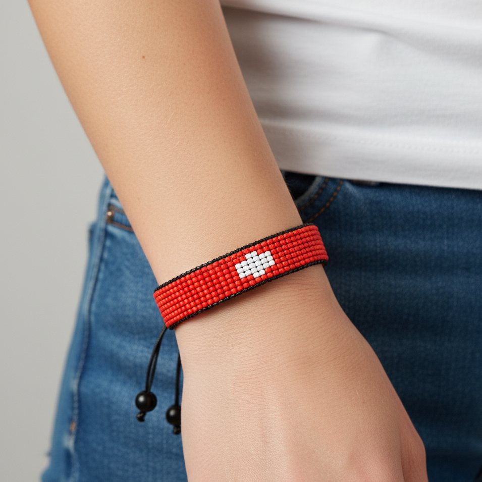 Switzerland Flag Bracelet: Handmade, Adjustable Beaded, Unisex Boho-Style Rope Bracelet
