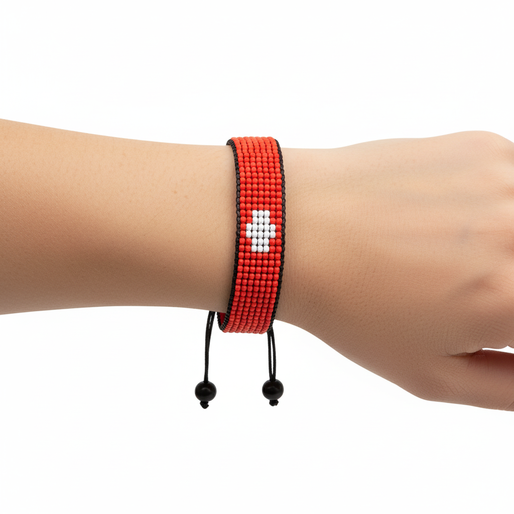 Switzerland Flag Bracelet: Handmade, Adjustable Beaded, Unisex Boho-Style Rope Bracelet