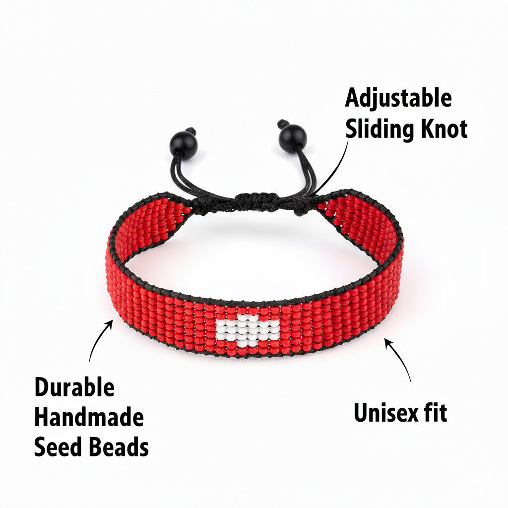 Switzerland Flag Bracelet: Handmade, Adjustable Beaded, Unisex Boho-Style Rope Bracelet