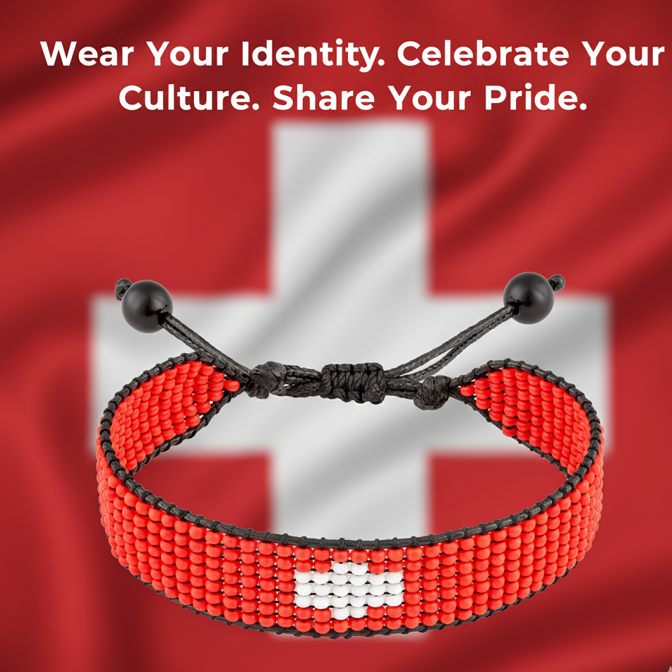 Switzerland Flag Bracelet: Handmade, Adjustable Beaded, Unisex Boho-Style Rope Bracelet