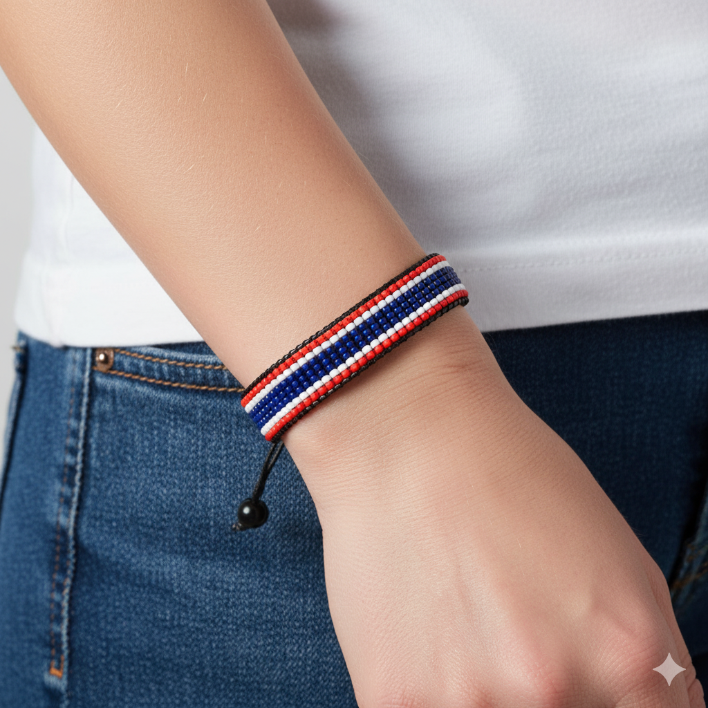 Thailand Flag Bracelet: Handmade, Adjustable String, Unisex Boho Patriotic Gift.