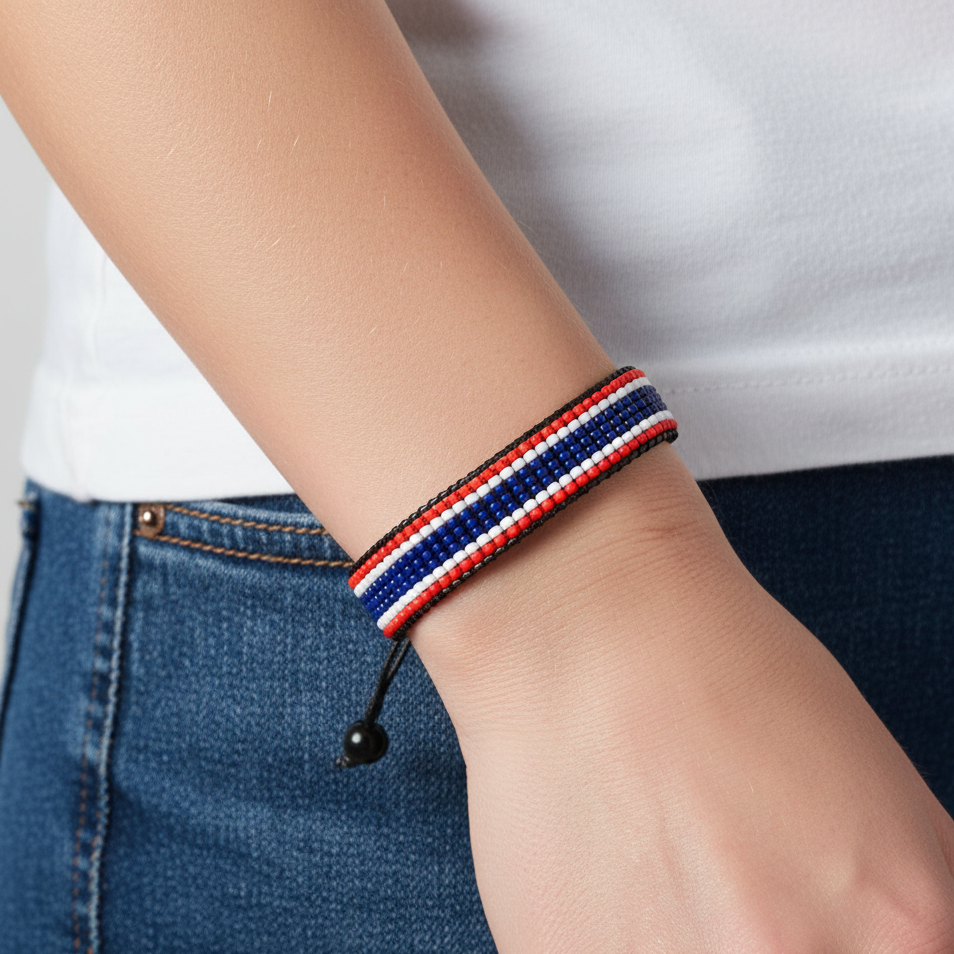 Thailand Flag Bracelet: Handmade, Adjustable String, Unisex Boho Patriotic Gift.
