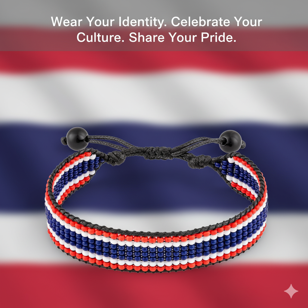 Thailand Flag Bracelet: Handmade, Adjustable String, Unisex Boho Patriotic Gift.