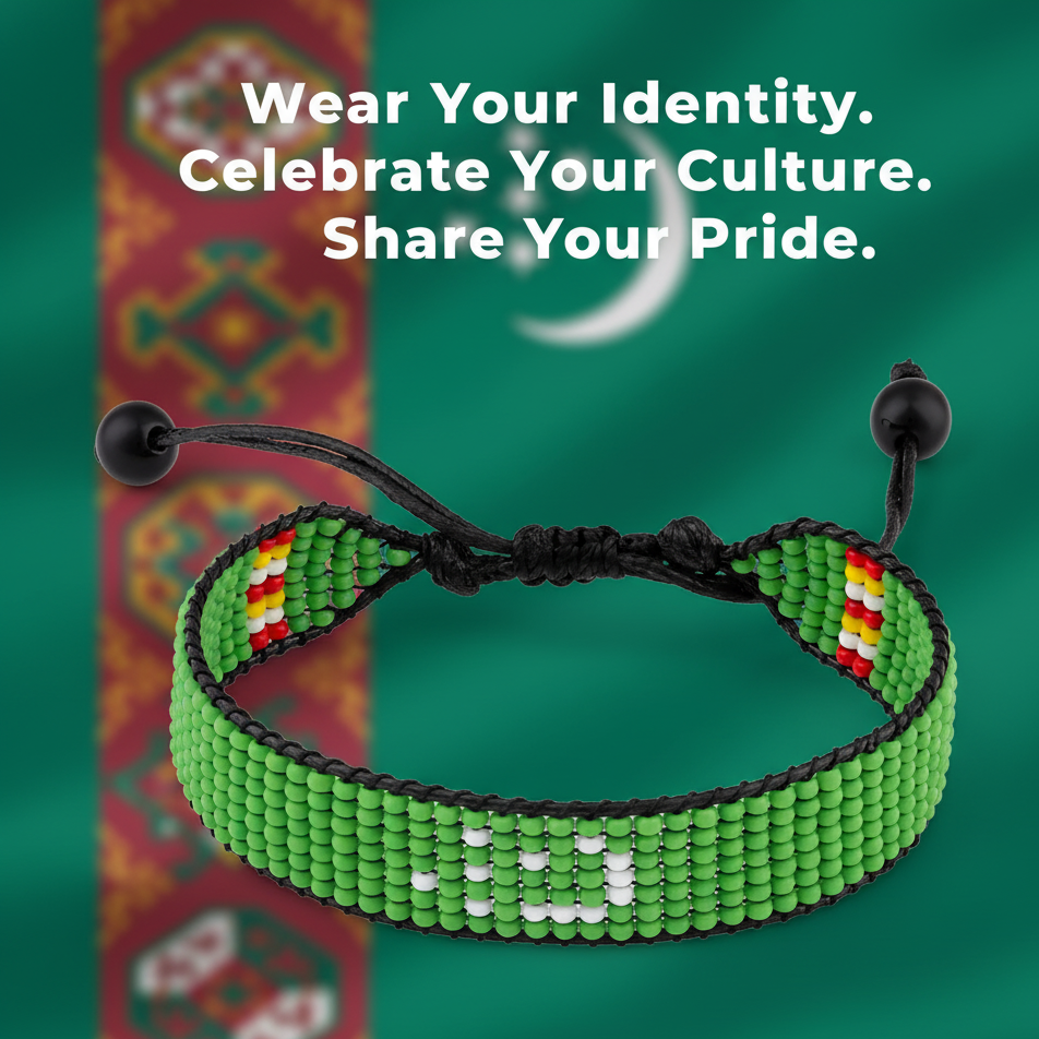 Turkmenistan Flag Bracelet: Adjustable, Beaded, Unisex Boho Style Jewerly