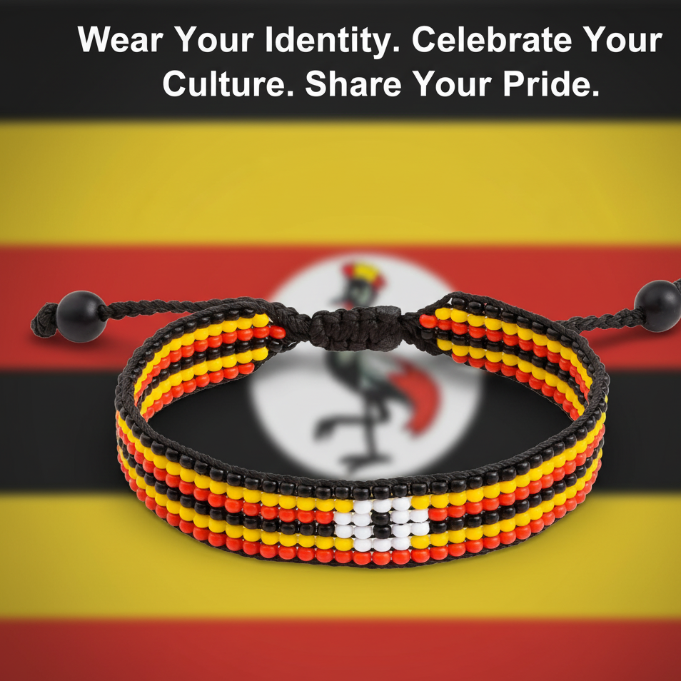 Uganda Flag Bracelet: Handmade, Adjustable Beaded Boho-Style Rope Bangle with Patriotic Design