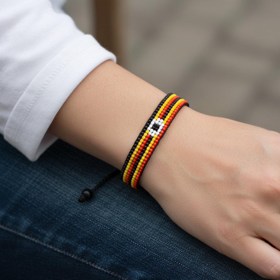 Uganda Flag Bracelet: Handmade, Adjustable Beaded Boho-Style Rope Bangle with Patriotic Design