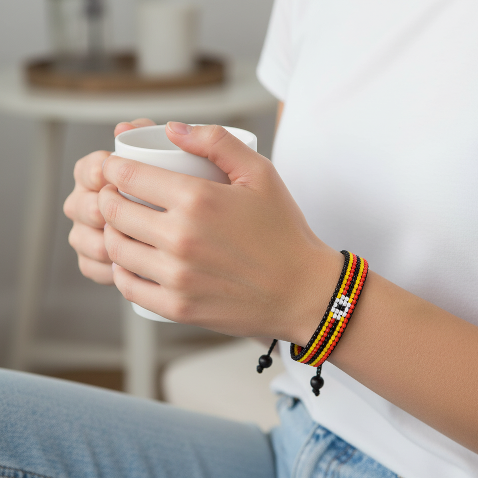 Uganda Flag Bracelet: Handmade, Adjustable Beaded Boho-Style Rope Bangle with Patriotic Design