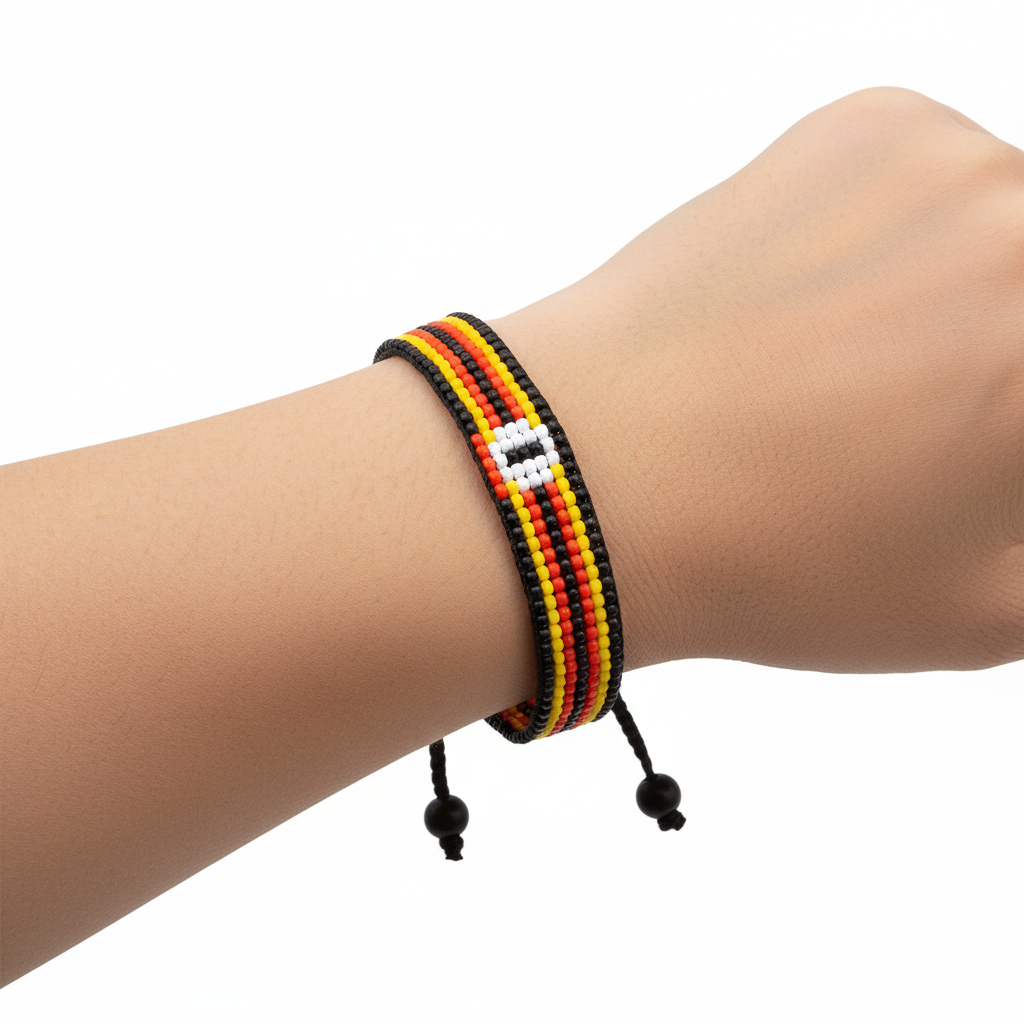Uganda Flag Bracelet: Handmade, Adjustable Beaded Boho-Style Rope Bangle with Patriotic Design