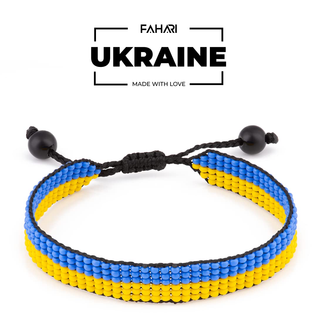 Ukraine Flag Bracelet: Handmade, Adjustable Beaded Boho-Style Rope Bangle with Patriotic Design