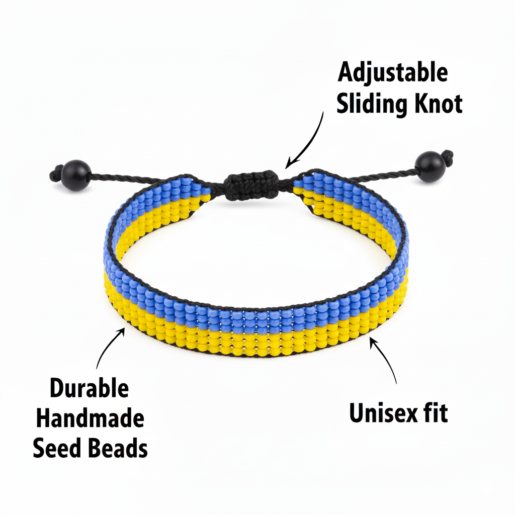 Ukraine Flag Bracelet: Handmade, Adjustable Beaded Boho-Style Rope Bangle with Patriotic Design