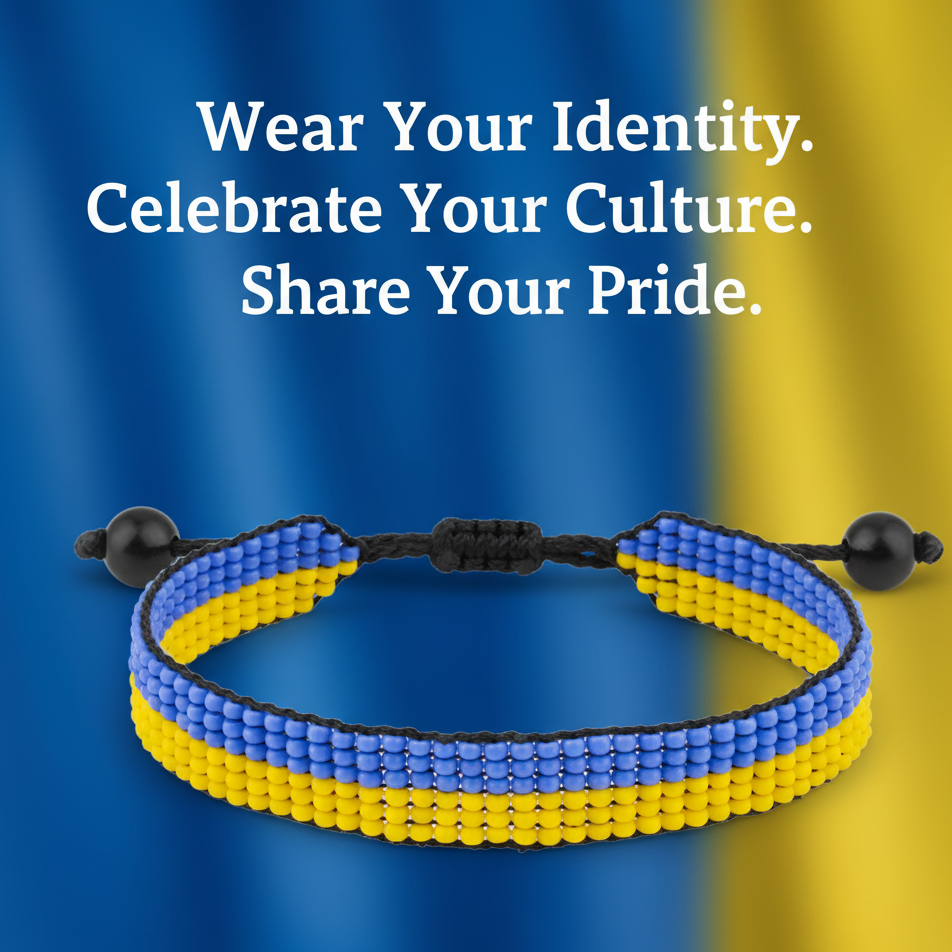 Ukraine Flag Bracelet: Handmade, Adjustable Beaded Boho-Style Rope Bangle with Patriotic Design