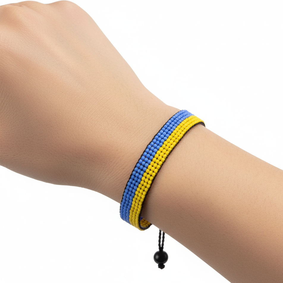 Ukraine Flag Bracelet: Handmade, Adjustable Beaded Boho-Style Rope Bangle with Patriotic Design