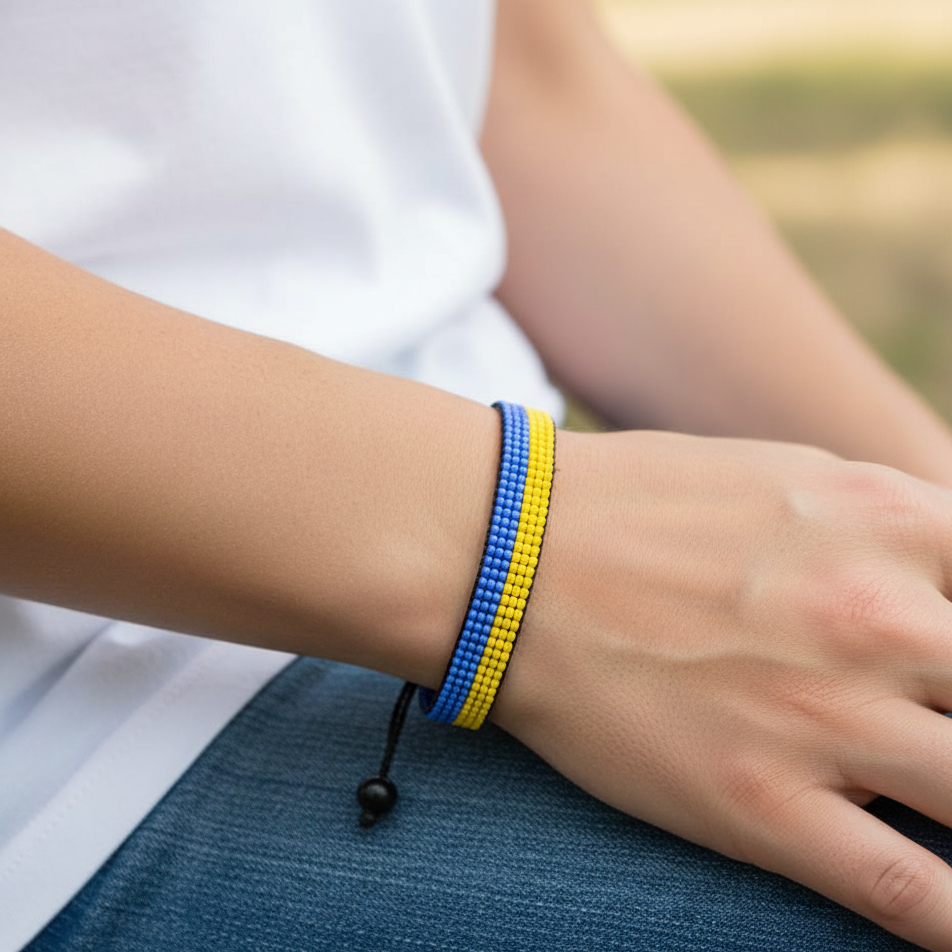 Ukraine Flag Bracelet: Handmade, Adjustable Beaded Boho-Style Rope Bangle with Patriotic Design