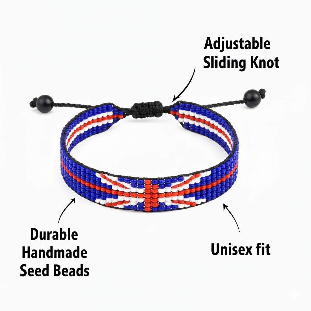 United Kingdom Flag Bracelet: Handmade, Adjustable Beaded Boho-Style with Patriotic Design