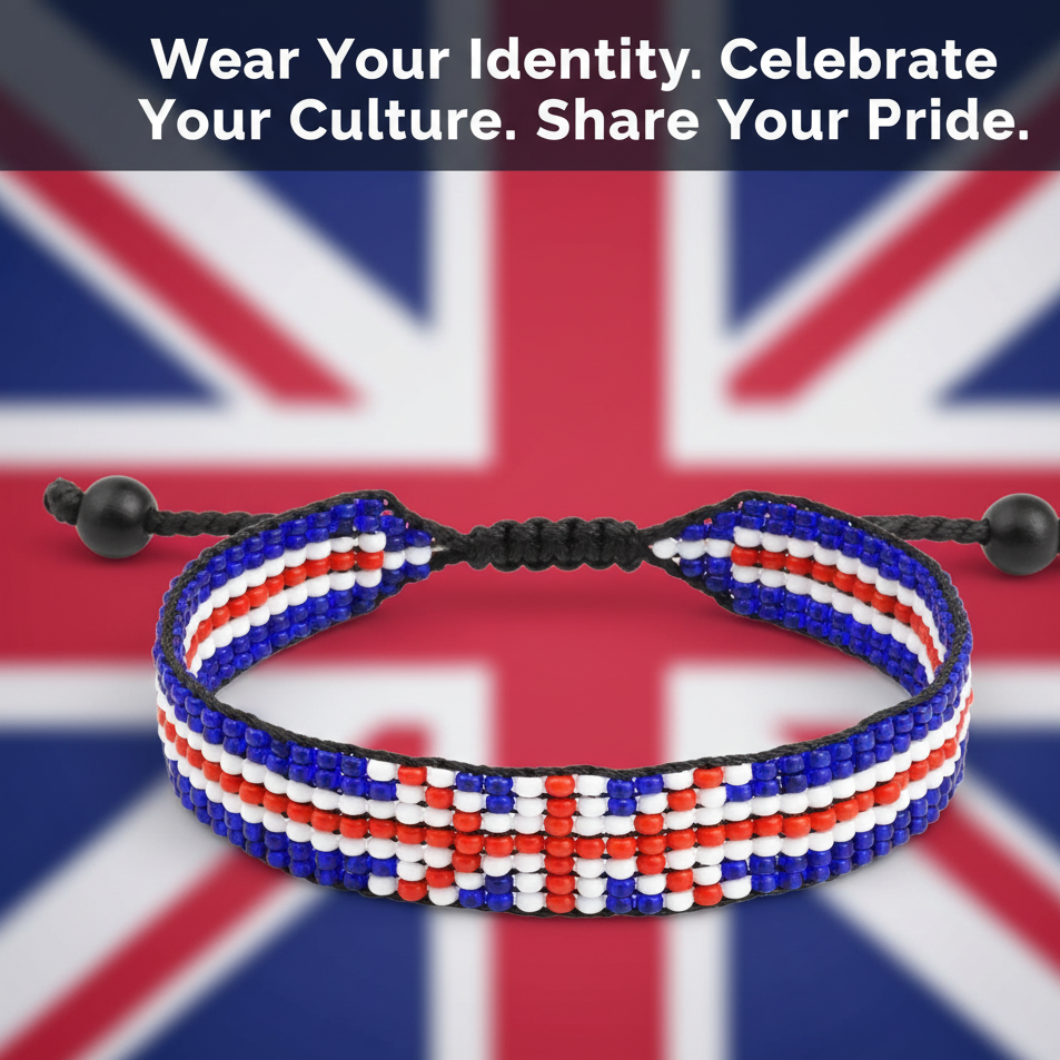 United Kingdom Flag Bracelet: Handmade, Adjustable Beaded Boho-Style with Patriotic Design