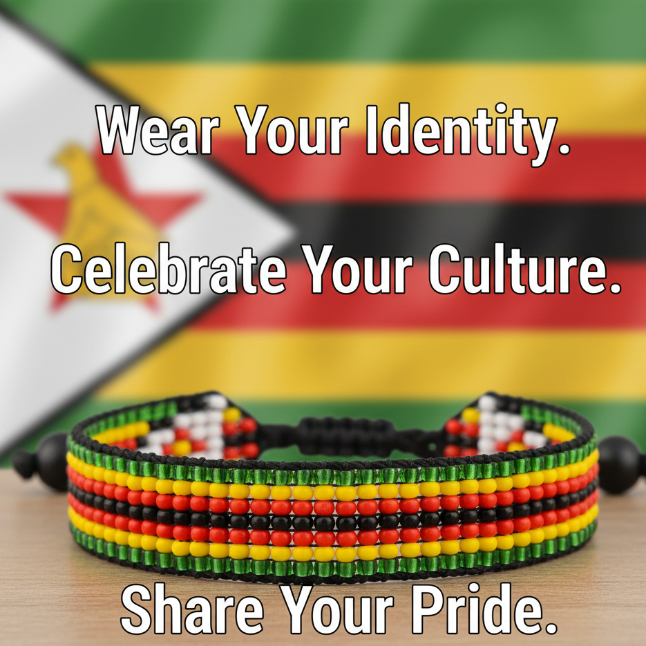 Bracelet drapeau du Zimbabwe : Bracelet fait main, jonc réglable en perles de style bohème avec motif patriotique