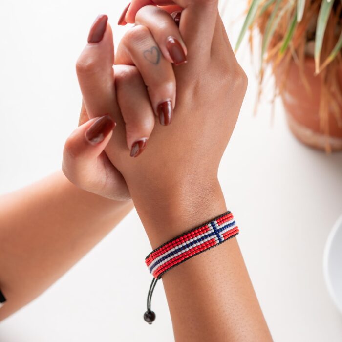 Norway Flag Bracelet: Handmade Bracelet,Adjustable Beaded Boho-Style Rope Bracelet with Patriotic Design